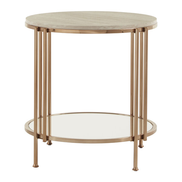 Koga Champagne Gold 23-Inch End Table with Faux Marble Top and Mirrored Bottom, image 2