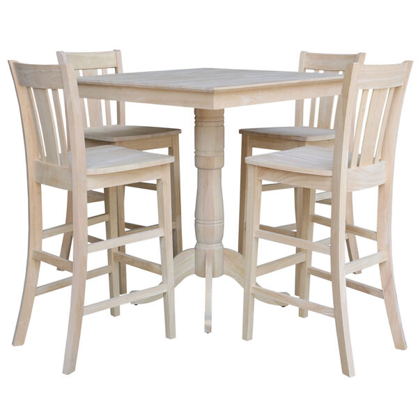 Wood 36-Inch Square Top Pedestal Table with Four Bar Height Stool, Set of Five, image 1