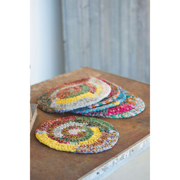 Set of Six Round Knitted Kantha Placemats, image 1