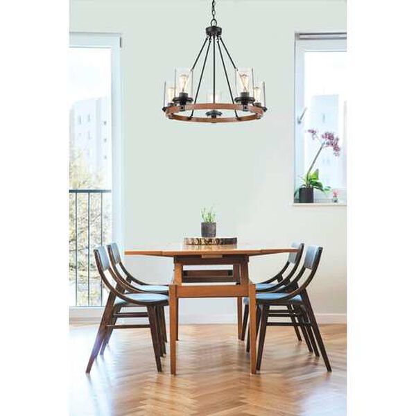 Matte Black And Wood Grain Five-Light Chandelier With Seedy Glass, image 2
