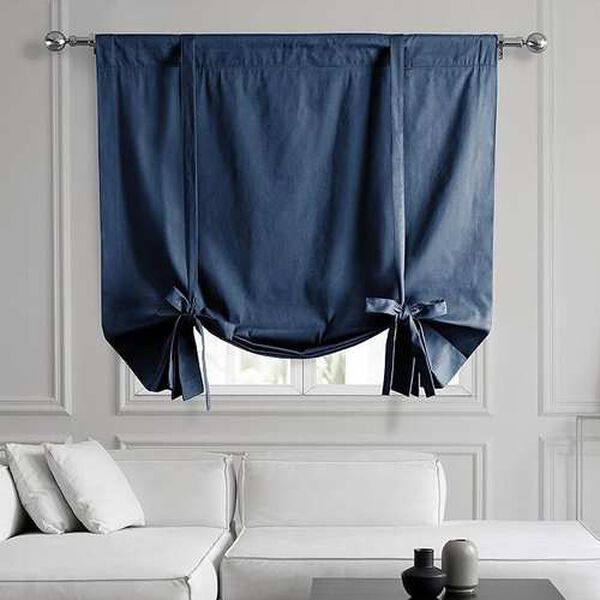 Dark Blue Solid Cotton Tie-Up Window Shade Single Panel, image 1