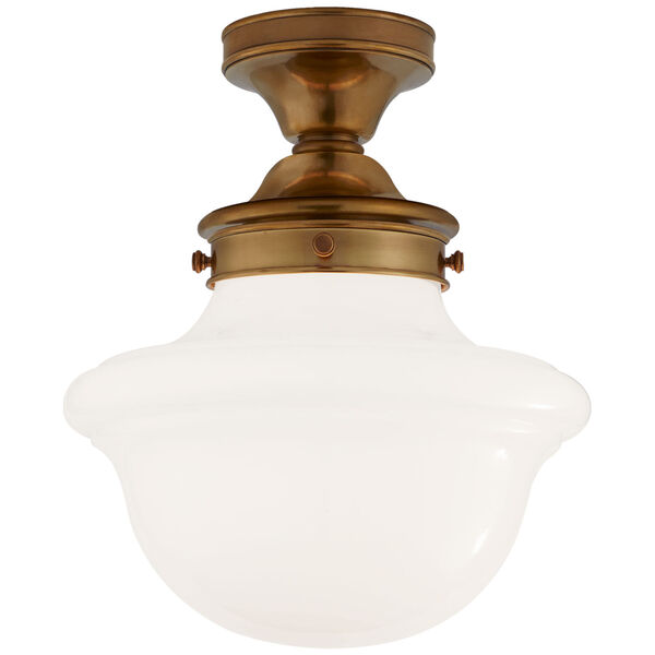 Edmond Flush Mount in Hand-Rubbed Antique Brass with White School House Glass by Chapman and Myers, image 1
