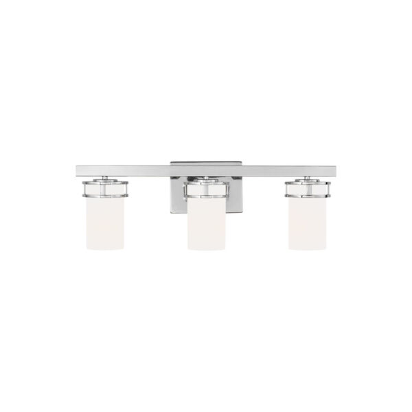 Robie Chrome Three-Light Bath Vanity with Etched White Inside Shade, image 1