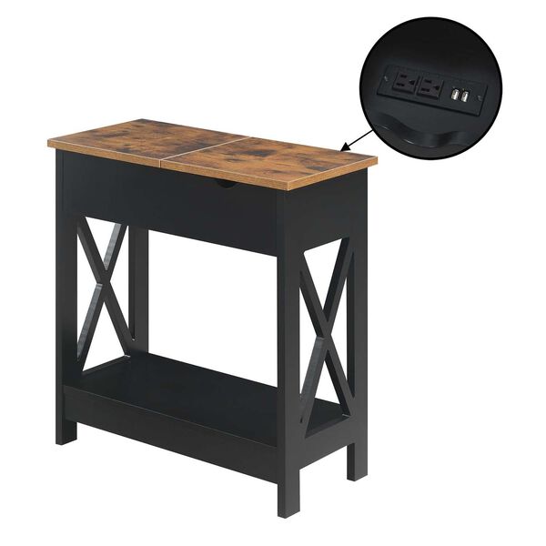 Oxford Barnwood Black Flip Top End Table with Charging Station and Shelf, image 1
