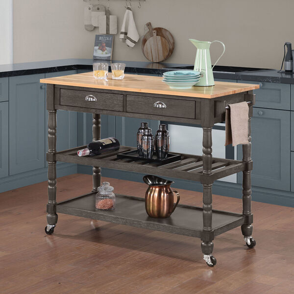 French Country Wirebrush Dark Gray Butcher Block Three-Tier Butcher Block Kitchen Cart with Drawers, image 1