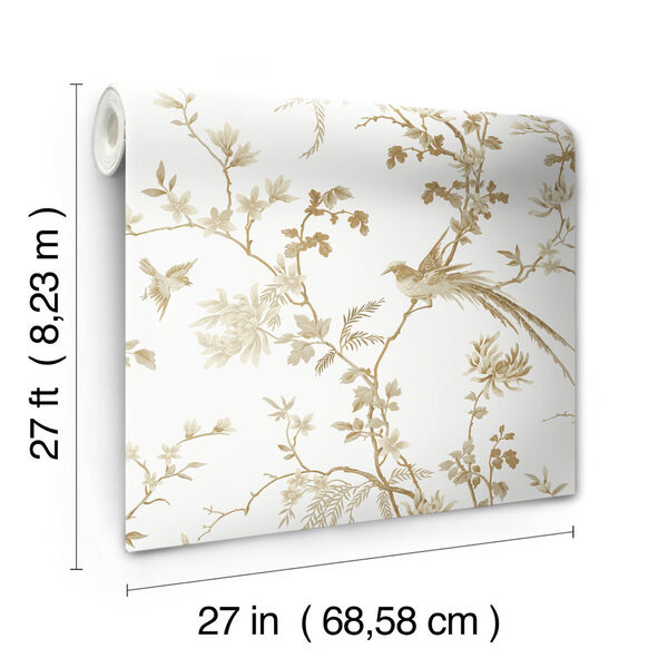 Ronald Redding 24 Karat White and Gold Bird And Blossom Chinoserie Wallpaper, image 4