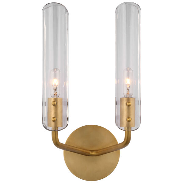 Casoria 14-Inch Double Sconce in Hand-Rubbed Antique Brass with Clear Glass by AERIN, image 1
