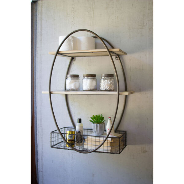 Brown and Metal Tall Oval Framed Wall Unit with Recycled Wood Shelves, image 1