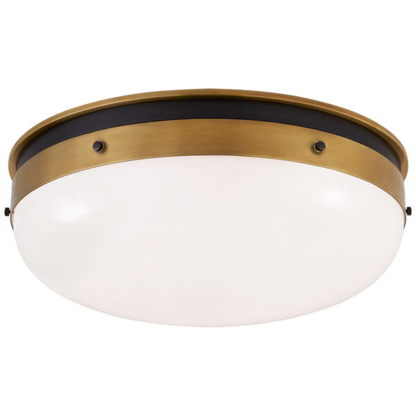 Hicks Medium Flush Mount in Bronze and Hand-Rubbed Antique Brass with White Glass by Thomas O'Brien, image 1