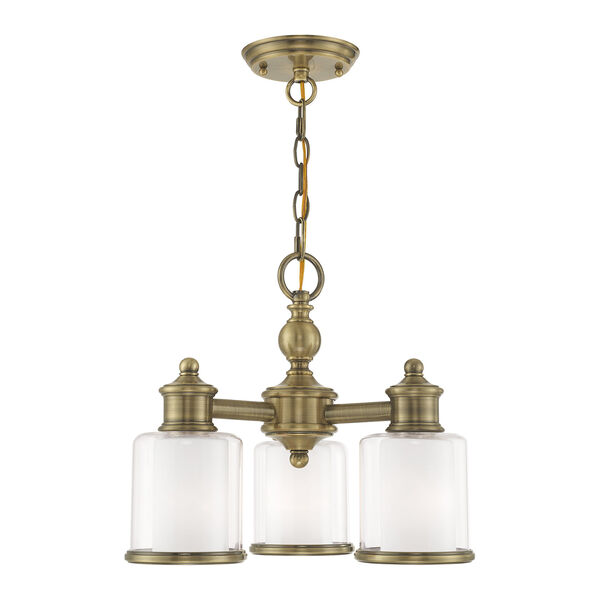 Middlebush Antique Brass 16-Inch Three-Light Convertible Mini Chandelier with Clear and Satin Opal White Glass, image 1