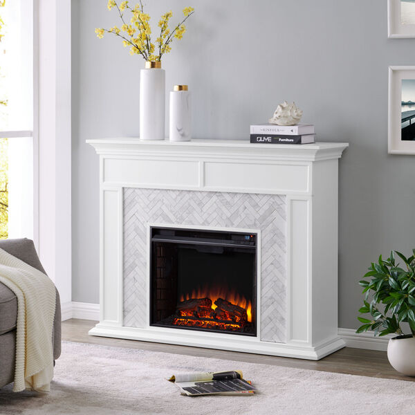 Torlington White Marble Tiled Electric Fireplace, image 3