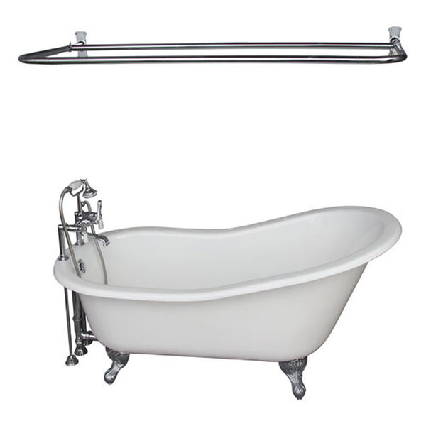 Polished Chrome Tub Kit 60-Inch Cast Iron Slipper, Shower Rod, Filler, Supplies, and Drain, image 1