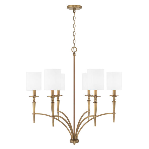 Abbie Aged Brass Six-Light Chandelier with White Fabric Stay Straight Shades, image 1