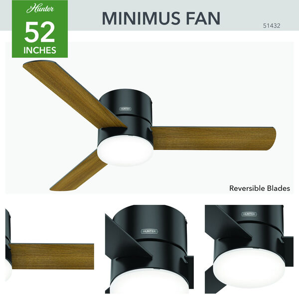 Minimus Matte Black 52-Inch Low Profile Ceiling Fan with LED Light Kit and Handheld Remote, image 3