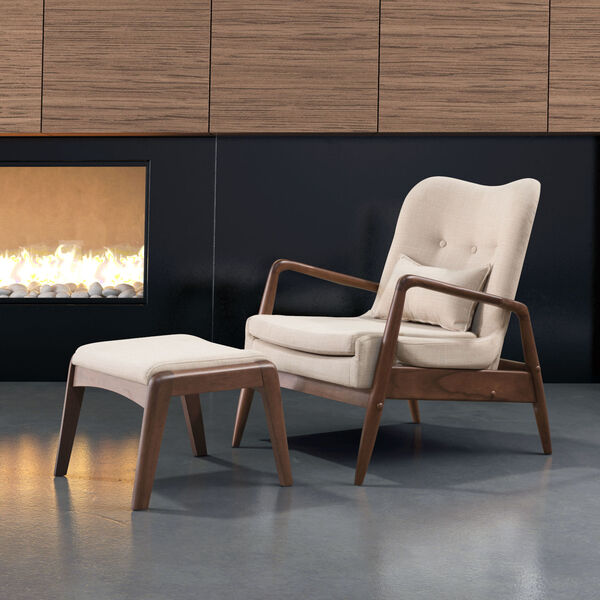 Bully Beige and Walnut Lounge Chair and Ottoman, image 2