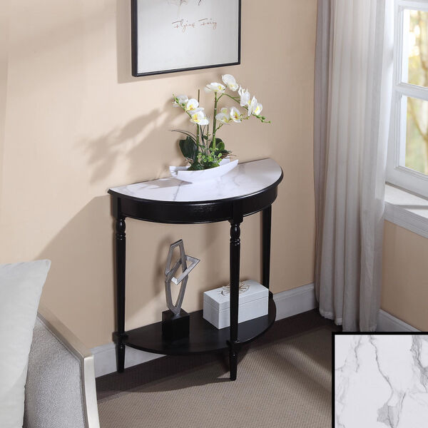 French Country White Faux Marble Black Half-Round Entryway Table with Shelf, image 2