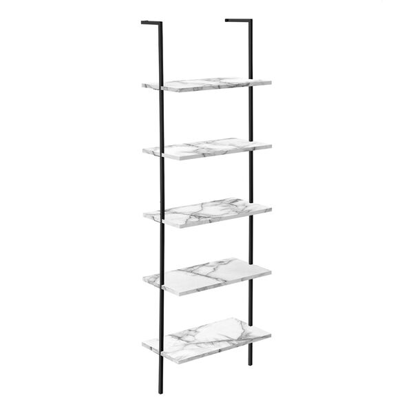 White Marble and Black Ladder Bookcase with Five Shelves, image 1