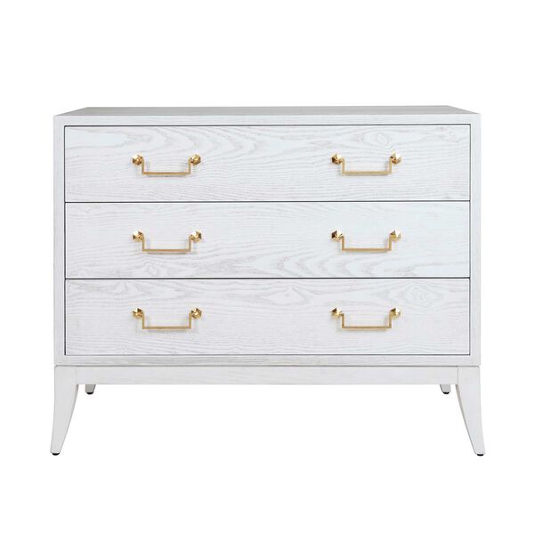 Avis White Washed Oak Sabre Leg 3 Drawer Chest with Brass Swing Handle, image 1