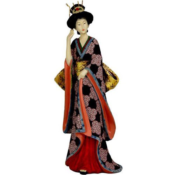 14 Inch Geisha Figurine w/ Ivory Flower Sash, Width - 4.5 Inches, image 1