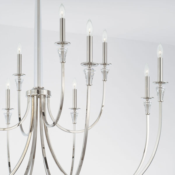 Laurent Polished Nickel 12-Light Chandelier with Crystal Column and Bobeches, image 4