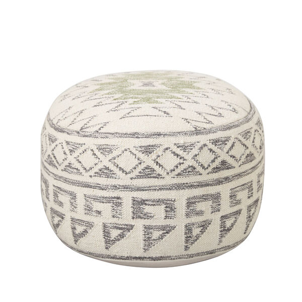 Cream, Grey, and Green Round Wool Blend Kilim Pouf, image 1