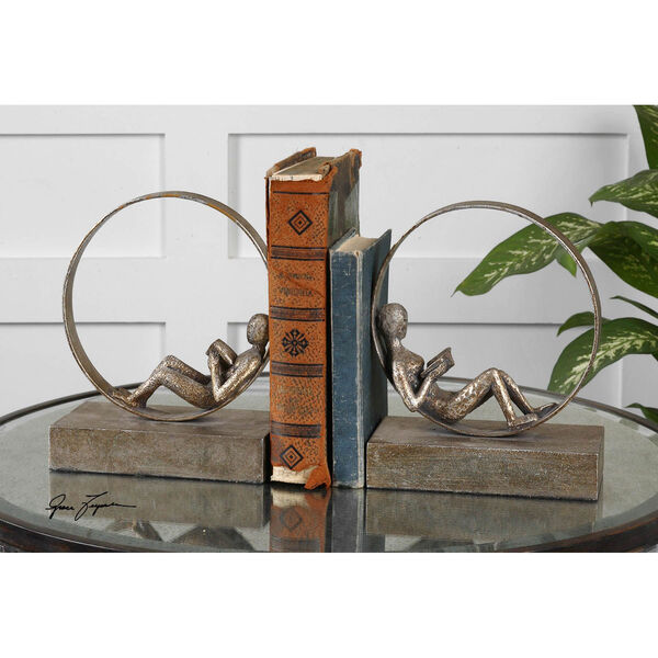 Lounging Reader Antique Silver Bookends, Set of Two, image 2