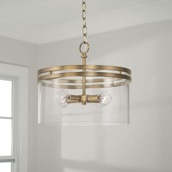 Fuller Aged Brass Four-Light Semi Flush Mount with Clear Glass, image 4