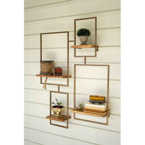 Gold Iron and Wood Wall Unit with 4 Shelves, image 2