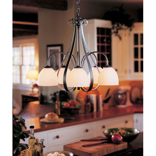 Sweeping Taper Natural Iron Five Light Chandelier with Opal Glass, image 1