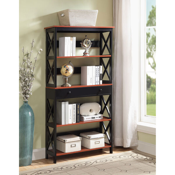Oxford 5 Tier Bookcase with Drawer in Cherry and Black, image 1