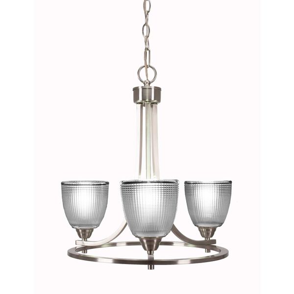 Paramount Brushed Nickel Three-Light Chandelier with Clear Dome Ribbed Glass, image 1