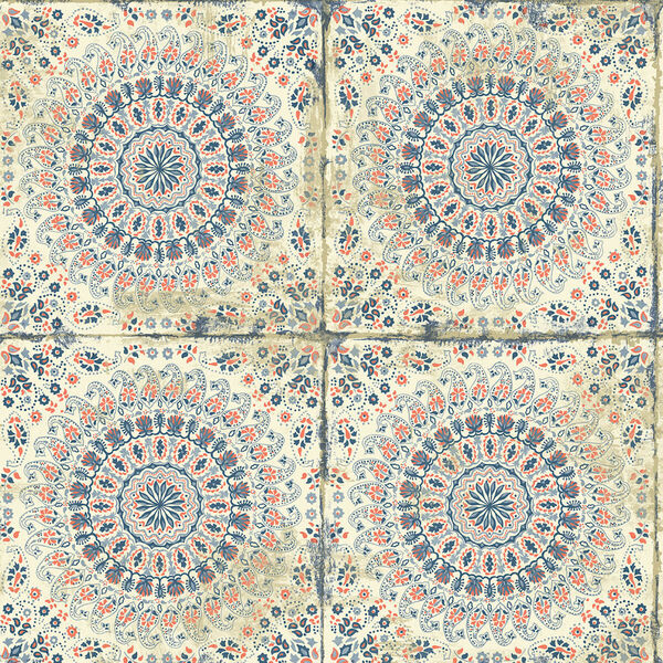 Boho Rhapsody Coral, Cream and Midnight Blue Mandala Boho Tile Unpasted Wallpaper, image 2