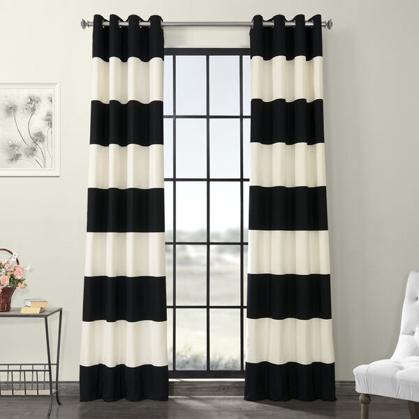 Black and OffWhite Horizontal Grommet Stripe Cotton Curtian Single Panel, image 1