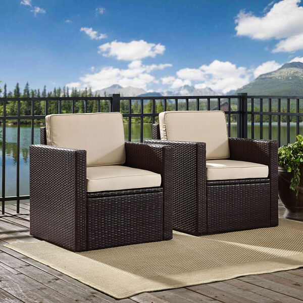 Palm Harbor 3-Piece Outdoor Wicker Conversation Set With Sand Cushions - Two Arm Chairs and Side Table, image 1