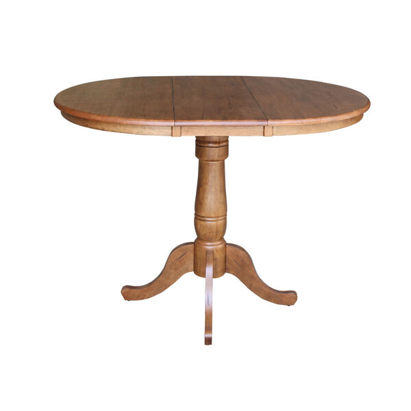 Distressed Oak 35-Inch Round Extension Dining Table with Four X-Back Stool, image 2