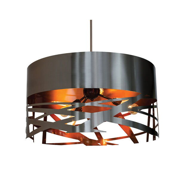 Tempest Brushed Stainless Three-Light Pendant with Brushed Stainless Outer and Transparent Copper Inner, image 1