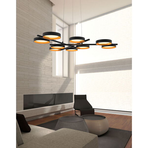 Light Guide Ring Satin Black Nine-Light LED Pendant with Apricot Interior Shade, image 2