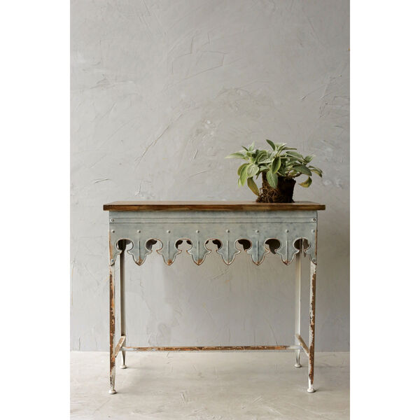 Metal Scalloped Edge Table with Wood Top, image 1