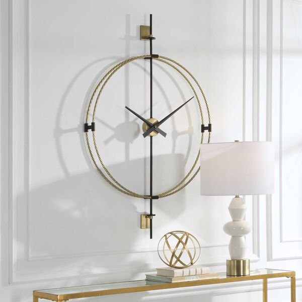 Time Flies Brushed Brass and Satin Black Modern Wall Clock, image 3