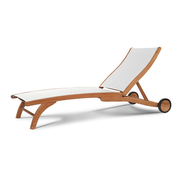 Pearl Natural Teak Outdoor Reclining Chaise Lounge with White Cushion and Wheels, image 1