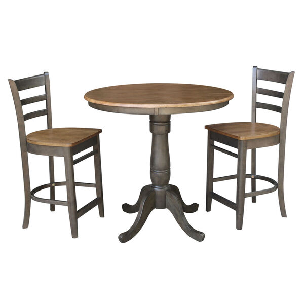Emily Hickory and Washed Coal 36-Inch Round Pedestal Gathering Height Table With Two Counter Height Stools, Three-Piece, image 1