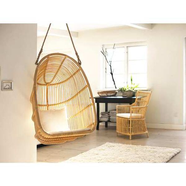 Renoir Natural Rattan Hanging Swing Chair with Tempotest White Canvas Cushion, image 6