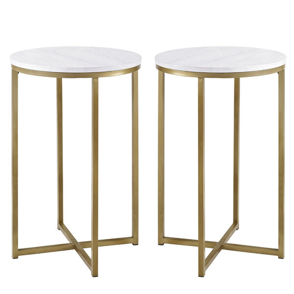 Alissa Faux White Marble and Gold Metal X-Leg Side Table, Set of Two, image 2