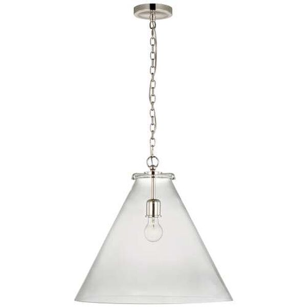 Katie Polished Nickel One-Light Large Conical Pendant with Clear Glass by Thomas O'Brien, image 1