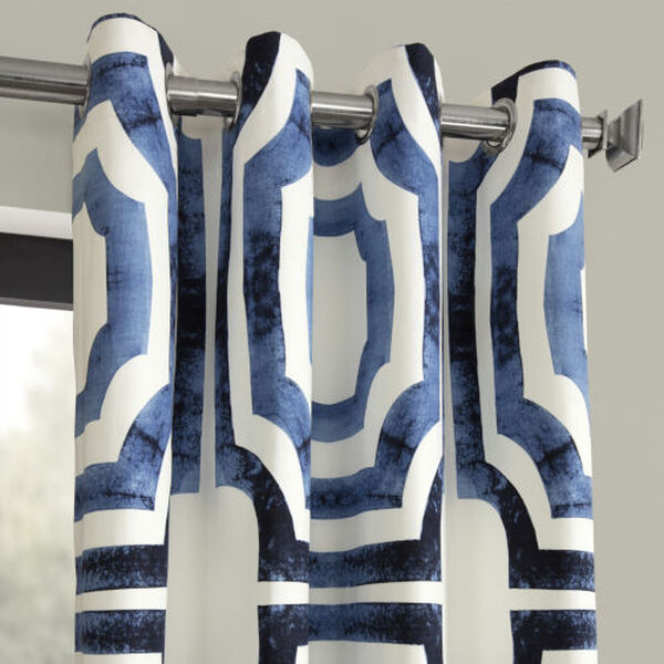 Blue and White Grommet Printed Cotton Curtain Single Panel, image 2