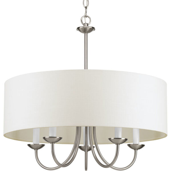 Brushed Nickel Five-Light Chandelier with Off White Linen Fabric Shade, image 1