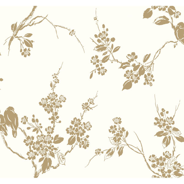 Silhouettes Metallic Gold White Imperial Blossoms Branch Wallpaper, image 2