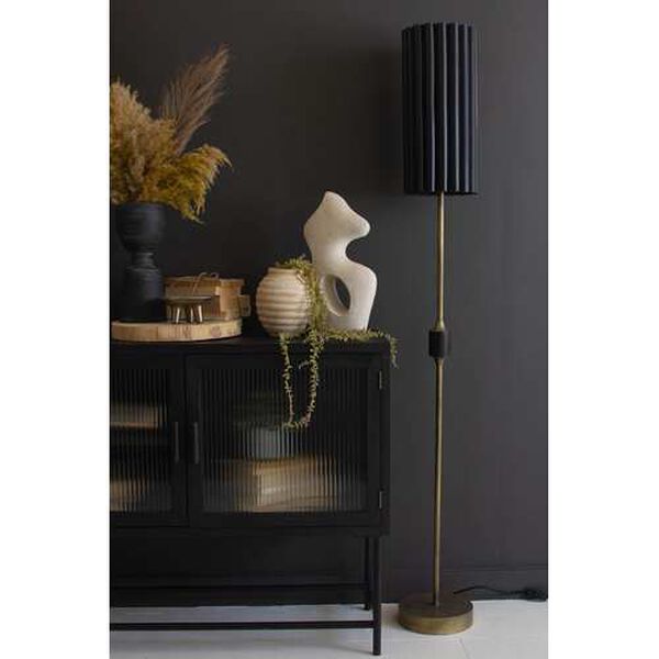 Gold Antique Floor Lamp with Fluted Black Metal Shade, image 1