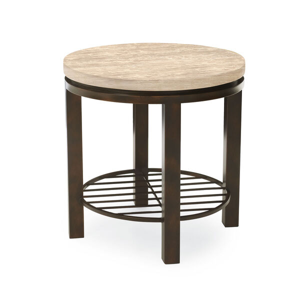 Freestanding Occasional Dark Brown and Travertine Stone Tempo Round End Table, image 2