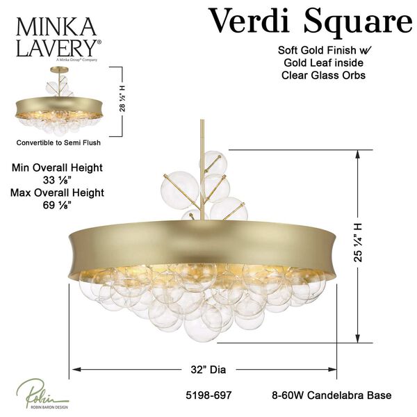 Verdi Square Soft Gold 25-Inch Eight-Light Convertible Pendant, image 3